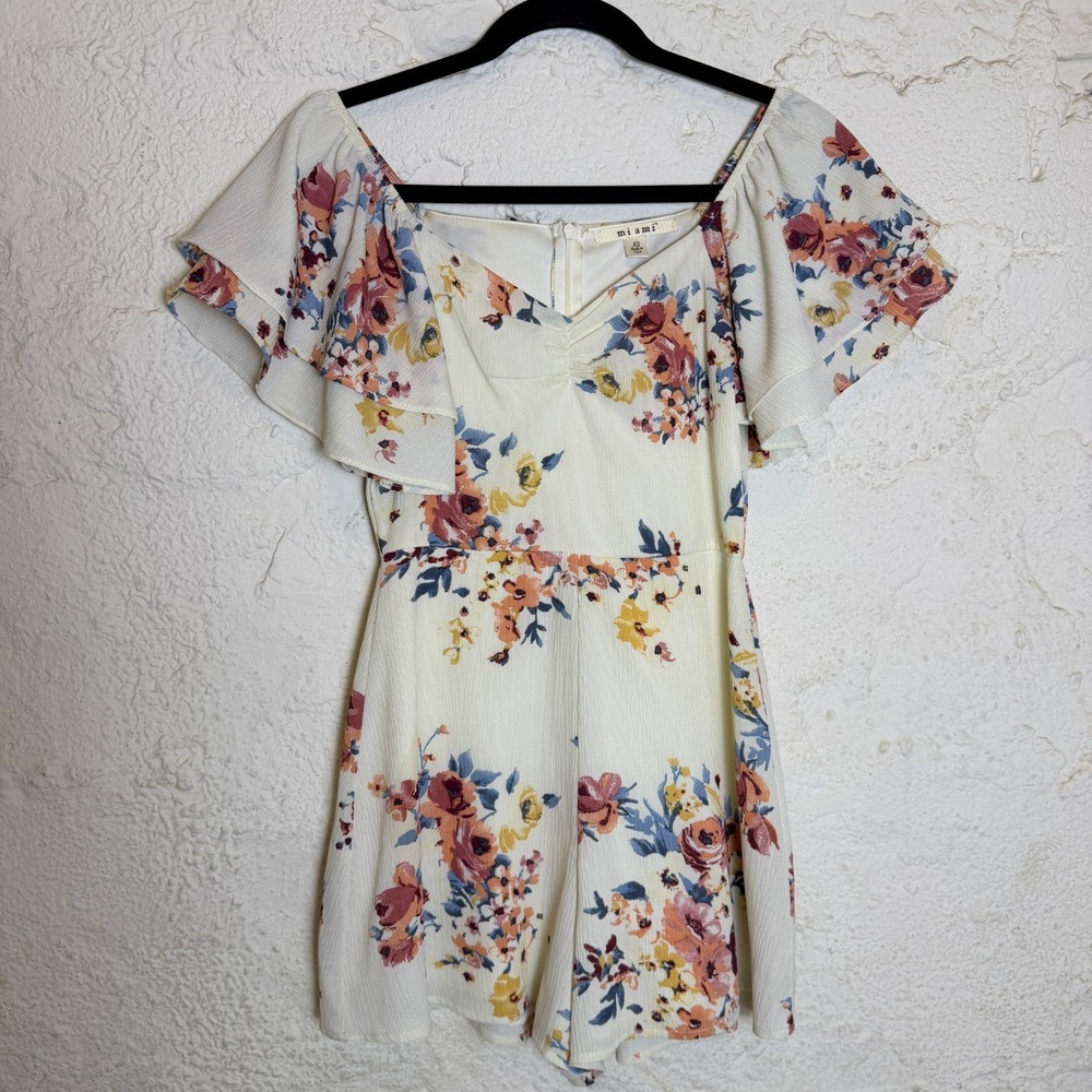 Mi Ami Floral Romper XS Cream Pink Sweetheart Neck Flutter Sleeve Cottagecore